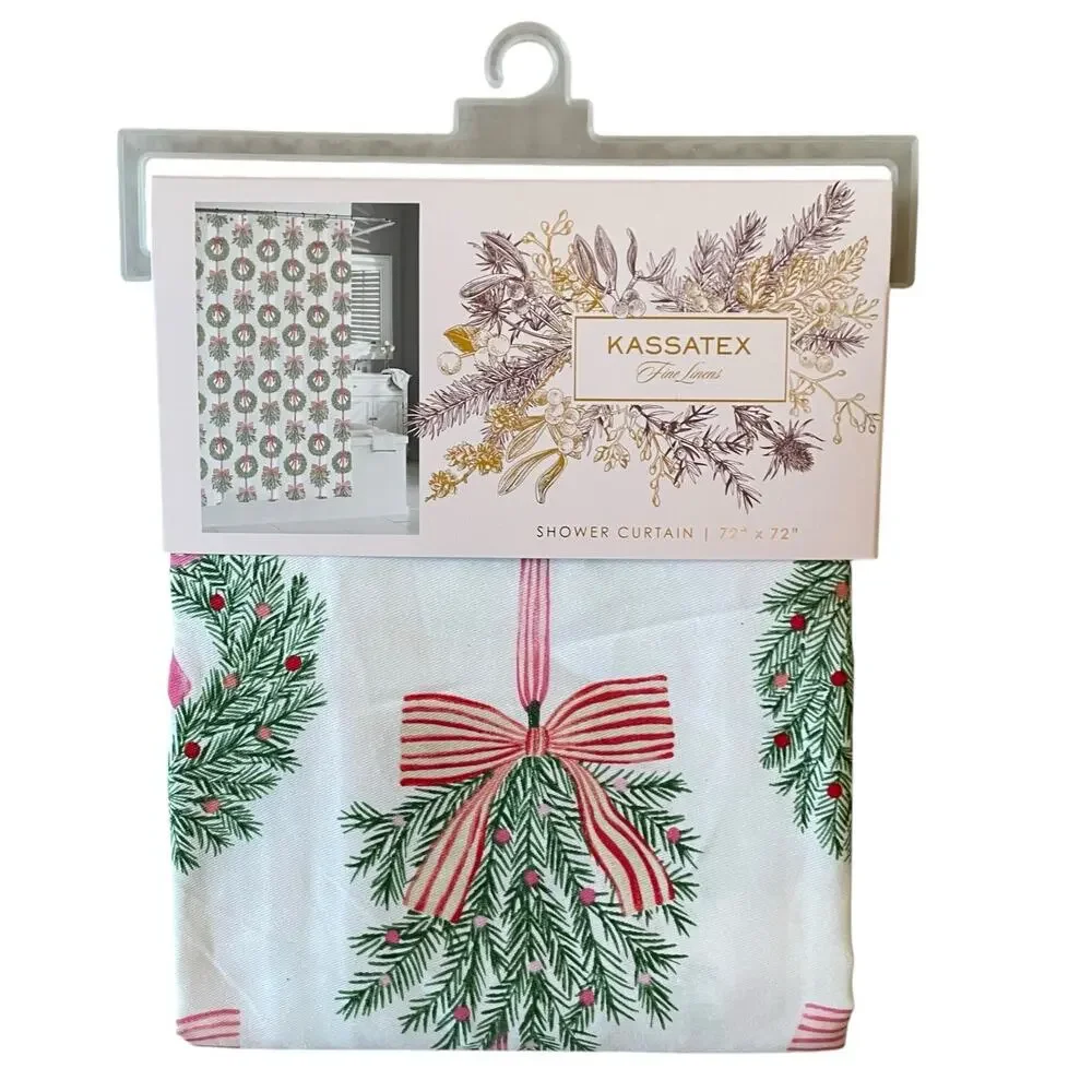 Kassatex Christmas Wreath Bow Fabric Shower Curtain 72x72 Chic Holiday Bath NEW